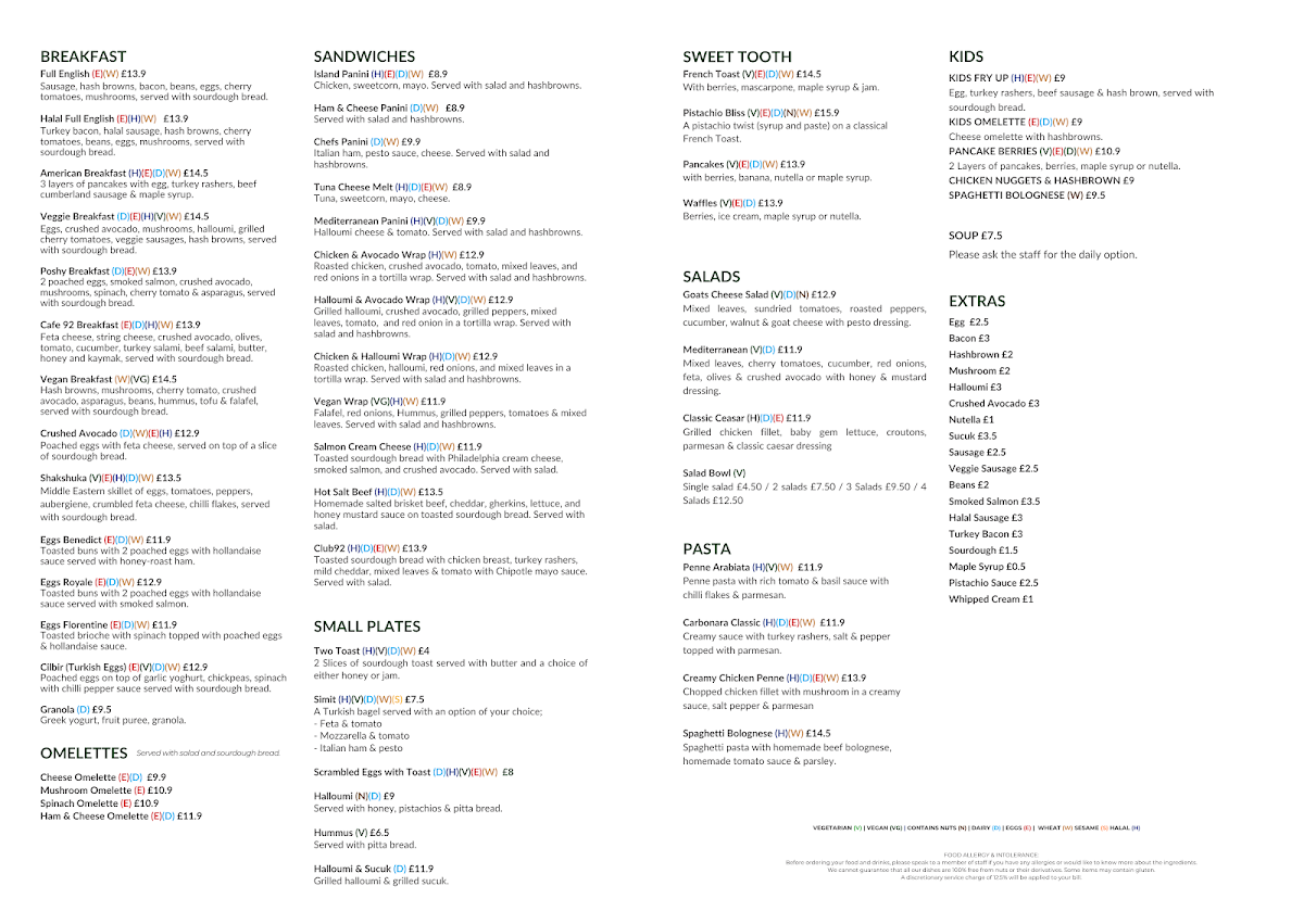 Cafe No 92 Menu - Image 1